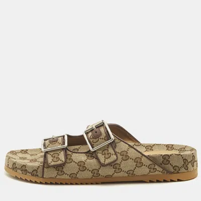 Pre-owned Gucci Gg Size 44 Beige/brown Canvas And Leather Double Buckle Slide Sandals