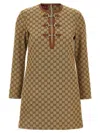 Gucci Beige Crewneck Mini Dress With Horsebit On The Front In Gg Canvas Woman