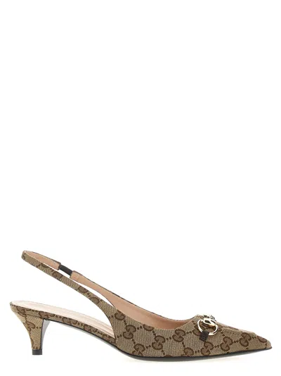 Gucci Women Gg Logo Slingback Pump With Horsebit In Brown