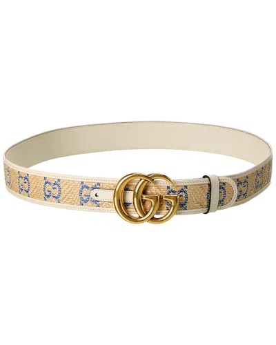 Gucci Gg Straw & Leather Belt In White