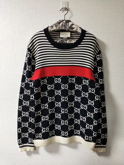 Pre-owned Gucci Gg Stripe Monogram Sweater In Navy White