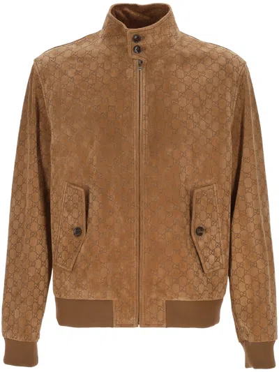 GUCCI GUCCI GG SUEDE BOMBER IN CAMEL