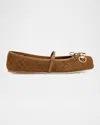 Gucci Beige Ballet Shoes With Horsebit And Bow Detail In Gg Canvas Woman In Cuoio Dafne