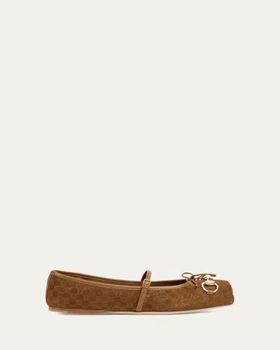 Gucci Gg Suede Horsebit Mary Jane Ballerina Flats In Cuoio Dafne