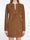 Gucci Brown Dress With Front Horsebit Details And All-over Gg Motif In Suede Woman In Brown