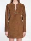 Gucci Brown Dress With Front Horsebit Details And All-over Gg Motif In Suede Woman In Brown