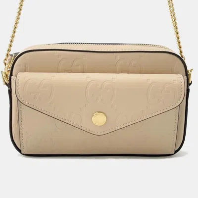 Pre-owned Gucci Gg Super Mini Beige Leather Chain Shoulder Bag In Sand