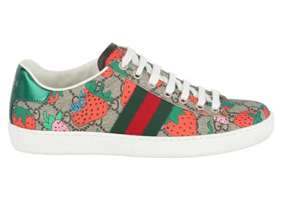 Pre-owned Gucci Gg Supreme Ace Strawberry Sneakers (women's) In Beige In Sand