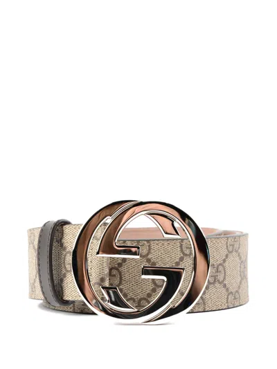 Gucci Gg Supreme And Leather Belt In Gray