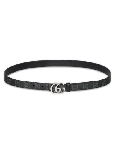Gucci Gg Supreme & Leather Belt With Double G Buckle, 2 Cm Width, Silver-tone Hardware In Nero
