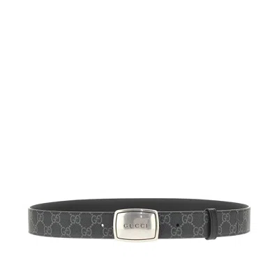 Gucci Gg Supreme And Leather Reversible Belt In Black
