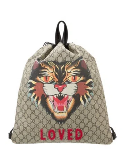 Pre-owned Gucci Gg Supreme Angry Cat Drawstring Backpack In Neutrals