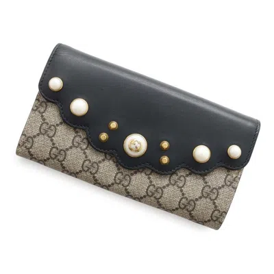 Pre-owned Gucci Gg Supreme Beige Black Gg Supreme Long Wallet (bi-fold) () In Multi