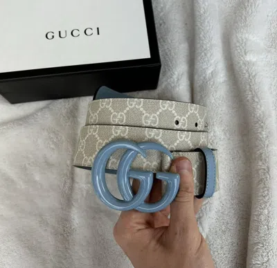 Pre-owned Gucci Gg Supreme Beige / Blue Belt