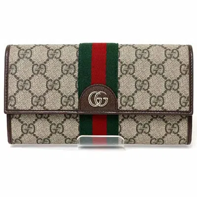 Pre-owned Gucci Gg Supreme Beige Dark Brown Gg Supreme Long Wallet (bi-fold) () In Multi