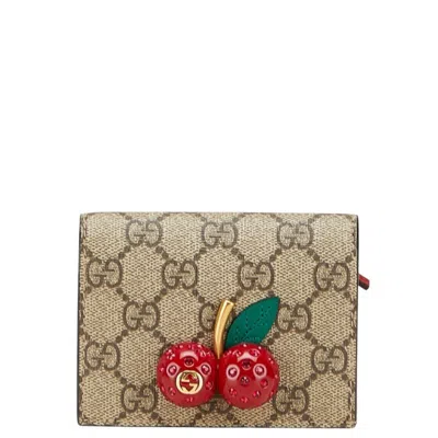 Pre-owned Gucci Gg Supreme Beige Red Color Pvc Leather Wallet (bi-fold) () In Multi