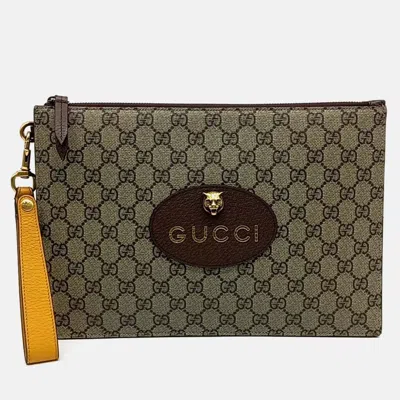 Pre-owned Gucci Gg Supreme Beige/brown Coated Canvas Clutch In Sand