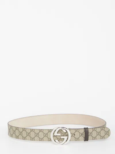 Gucci Adjustable Monogram Canvas Belt With Leather Trim In Neutral