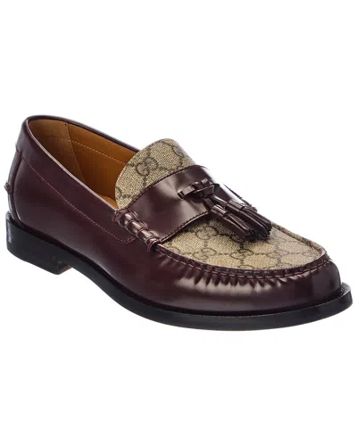 Gucci Men's Red-purple Or Grape Leather Loafers With Tassels And Gg Supreme Fabric Inserts For Fw22