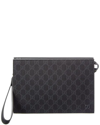 Gucci Gg Supreme Canvas & Leather Pouch In Black