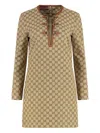 Gucci Beige Crewneck Mini Dress With Horsebit On The Front In Gg Canvas Woman In Brown