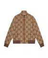Gucci Logo-jacquard Leather-trimmed Cotton-blend Canvas Bomber Jacket In Brown