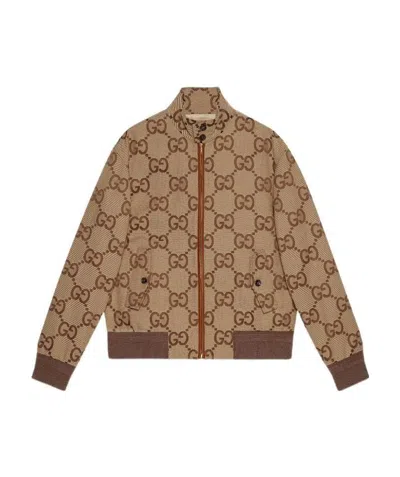 Gucci Logo-jacquard Leather-trimmed Cotton-blend Canvas Bomber Jacket In Beige