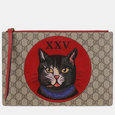 Pre-owned Gucci Gg Supreme Canvas Mystic Cat Embroidery Clutch In Beige