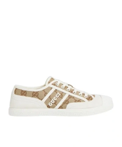 Gucci Beige And White Skeakers With Logo Detail In Gg Supreme Canvas Woman In Animal Print
