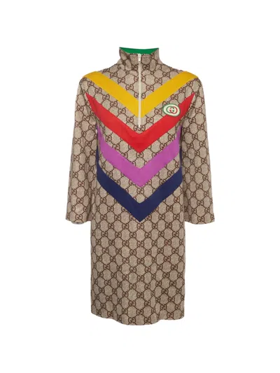 Pre-owned Gucci Gg Supreme Chevron-striped Midi Dress In Neutrals