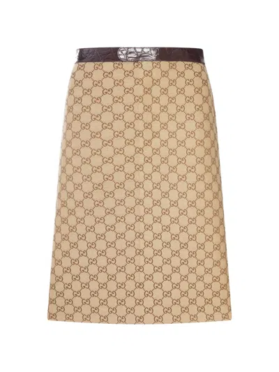Gucci Gg Canvas Midi Skirt With Caiman Leather Inserts In Multi
