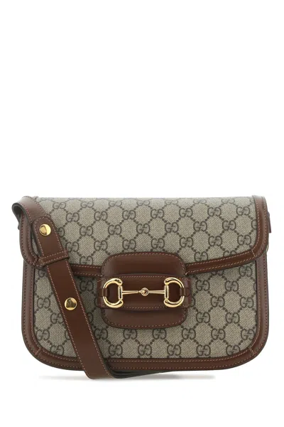 Gucci 24.5 Cm X 18 Cm X 10.5 Cm Horsebit Shoulder Crossbody Handbag With Gg Supreme Fabric And Leath In Brown