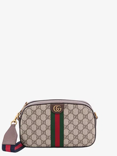 Gucci Gg Supreme Fabric And Leather Shoulder Bag With Iconic Web Band In Brown