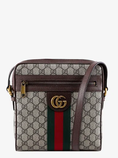 Gucci Gg Supreme Fabric And Leather Shoulder Bag With Iconic Web Band In Brown