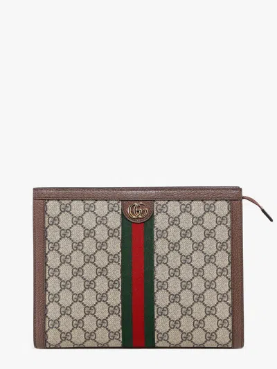 Gucci Ophidia Textured Leather-trimmed Printed Coated-canvas Pouch In Brown