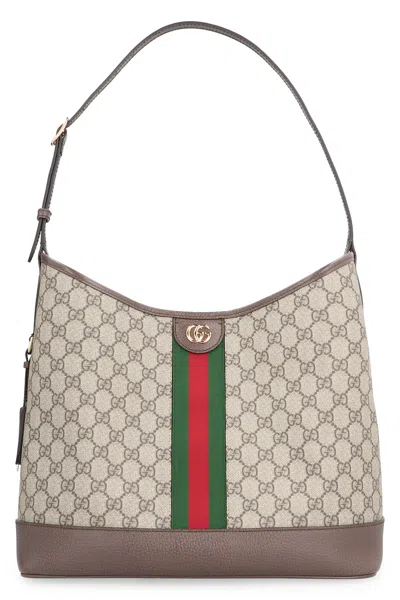 Gucci Gg Supreme Fabric Shoulder Bag With Leather Details And Gold-tone Hardware In Brown