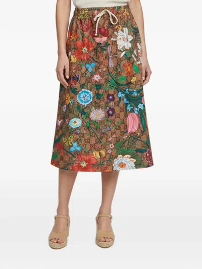 Pre-owned Gucci Gg Supreme Flora Midi Skirt In Brown