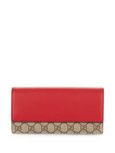 Pre-owned Gucci Gg Supreme French Flap Long Wallet In Red