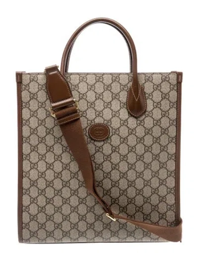 Pre-owned Gucci Gg Supreme Gg Supreme Monogram Textured Dollar Calfskin Web Small Retro Interlocking G Vertical Tote In Neutral