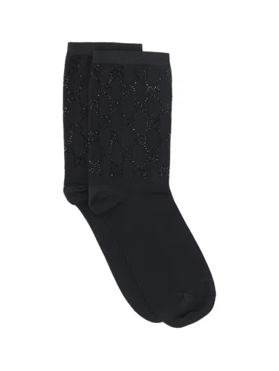 Gucci "gg Supreme" Glitter Socks In Black