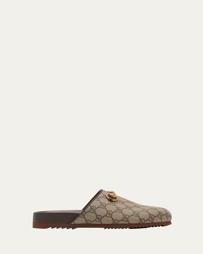 Gucci Gg Supreme Horsebit Mules In Beige Ebony