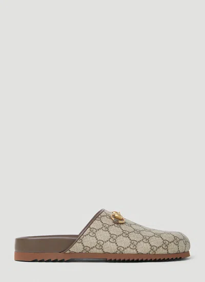 Gucci Gg Supreme Horsebit Slippers In Beige