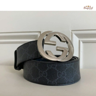 Pre-owned Gucci Gg Supreme Interlocking G Buckle Belt In Black Gray