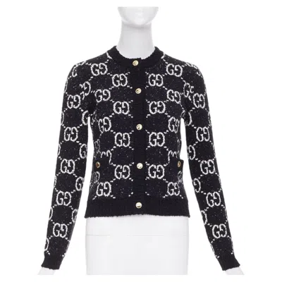 Pre-owned Gucci Gg Supreme Jacquard Cardigan Black White Gold Button Jacket Xs