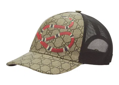 Pre-owned Gucci Gg Supreme Kingsnake Velcro Strap Baseball Cap In Beige/brown