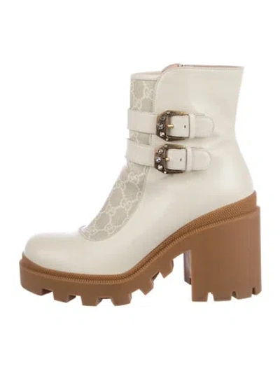 Pre-owned Gucci Gg Supreme Leather Moto Boots In Neutrals