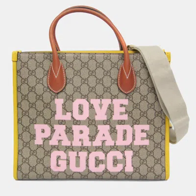 Pre-owned Gucci Gg Supreme Leather Shoulder Bag Tote Bag Beige Pink Yellow In Multi