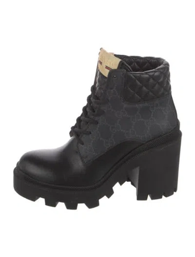 Pre-owned Gucci Gg Supreme Leather Trim Embellishment Combat Boots In Black