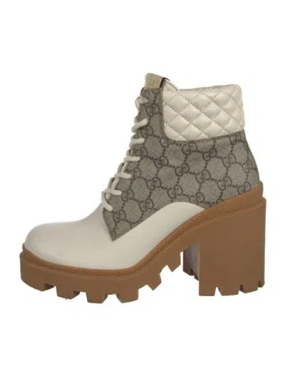 Pre-owned Gucci Gg Supreme Leather Trim Embellishment Combat Boots In Neutrals