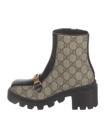Pre-owned Gucci Gg Supreme Leather Trim Embellishment Combat Boots W/ Tags In Black